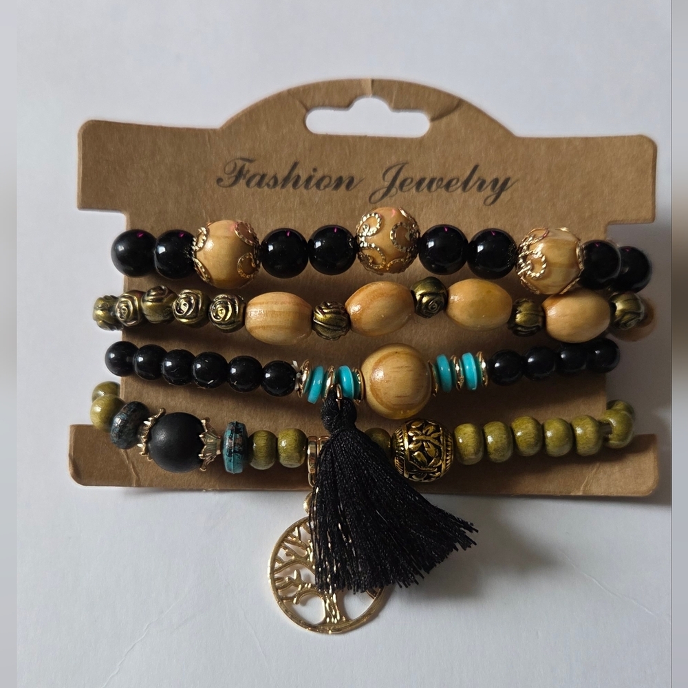 Fashion Jewelry Beaded Bracelet Set with Tassel & Family Tree Charm NIP